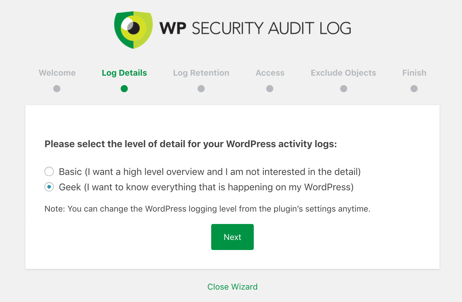 WP Security Audit Log-inställningar: "Nörd"