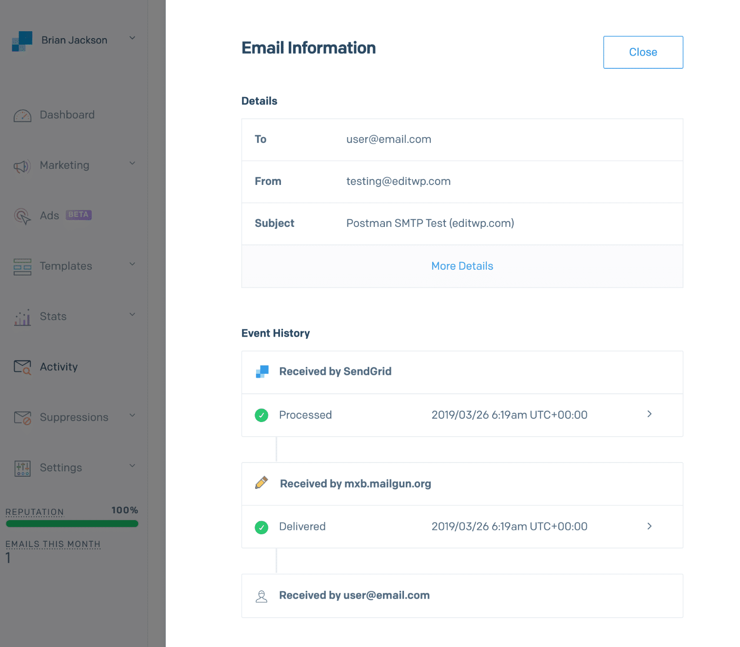 SendGrid-aktivitetsflöde