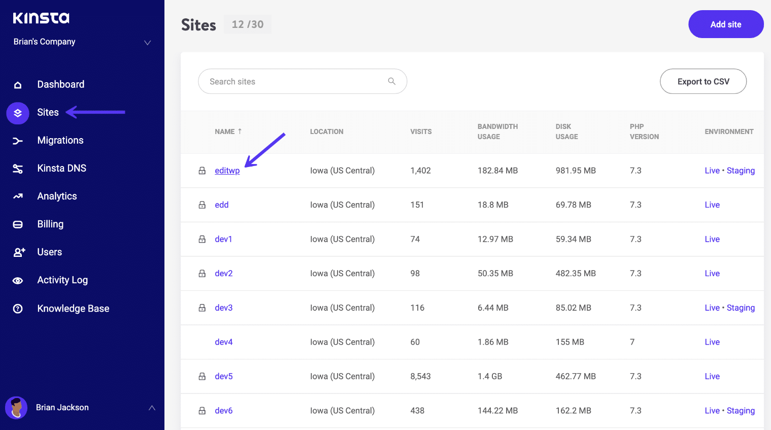 MyKinsta WordPresswebbplatser