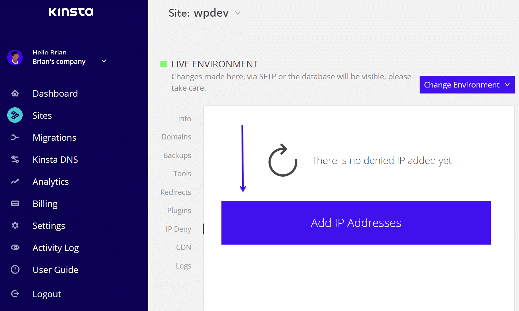 Kinsta IP Deny-verktyget