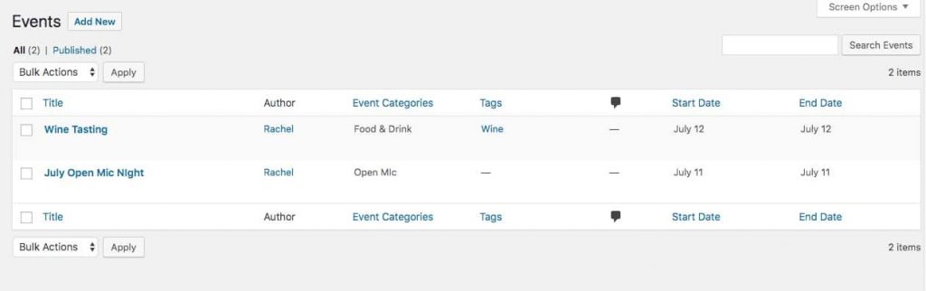 Evenemang skapade av Events Calendar-pluginet