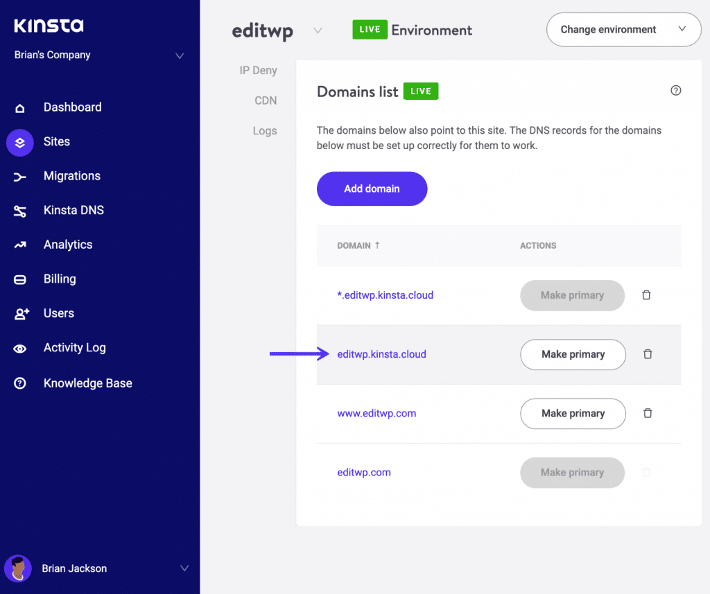 Kinsta tillfällig webbadress