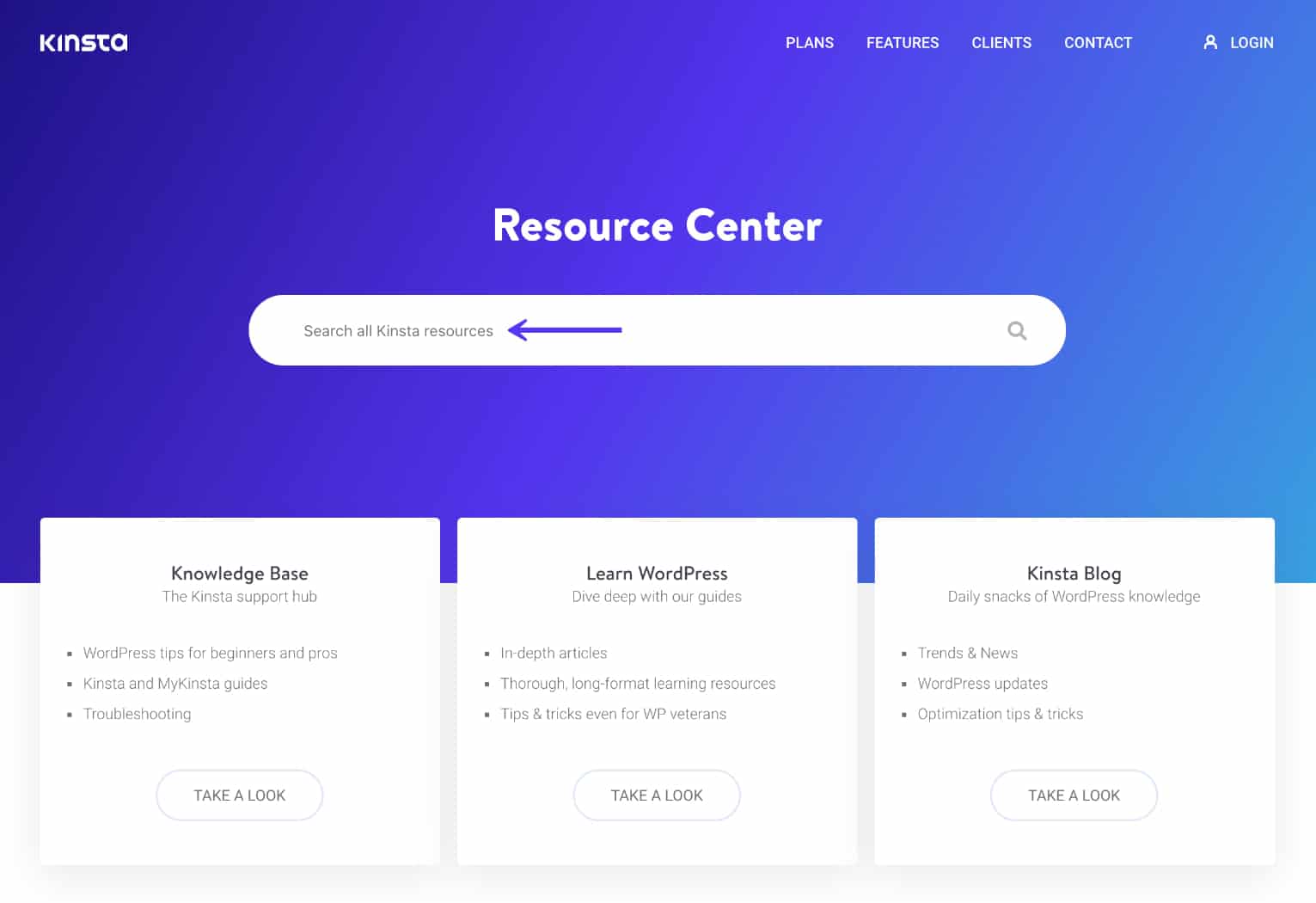 Kinsta resurscenter-sökning