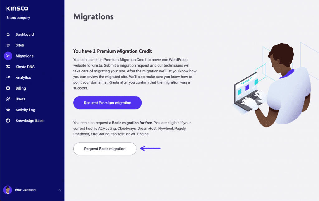 MyKinsta grundläggande migreringar