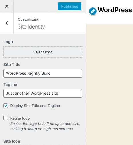 Webbplatsidentitet i Customizer-inställningar