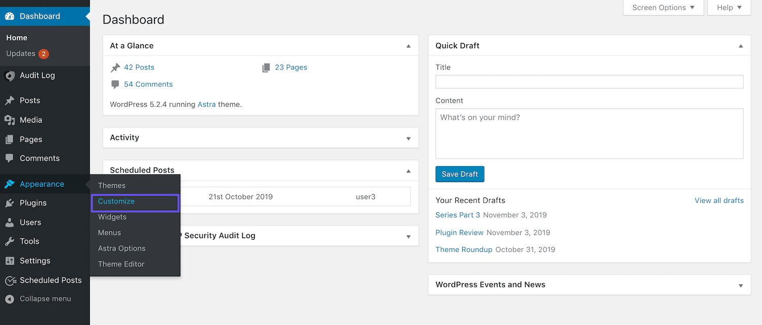 Åtkomst till Customizer från WordPress-panelen