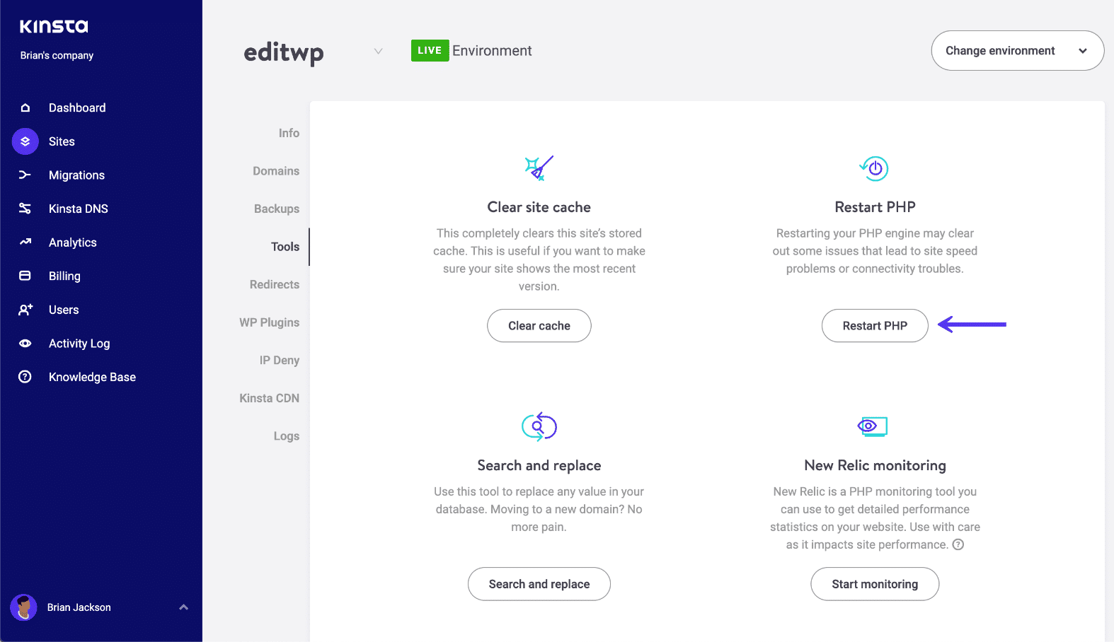 Starta om PHP i MyKinsta instrumentpanelen