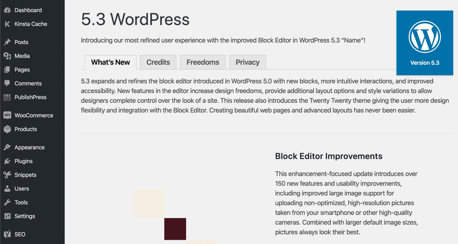 WordPress 5.3 välkomstskärm