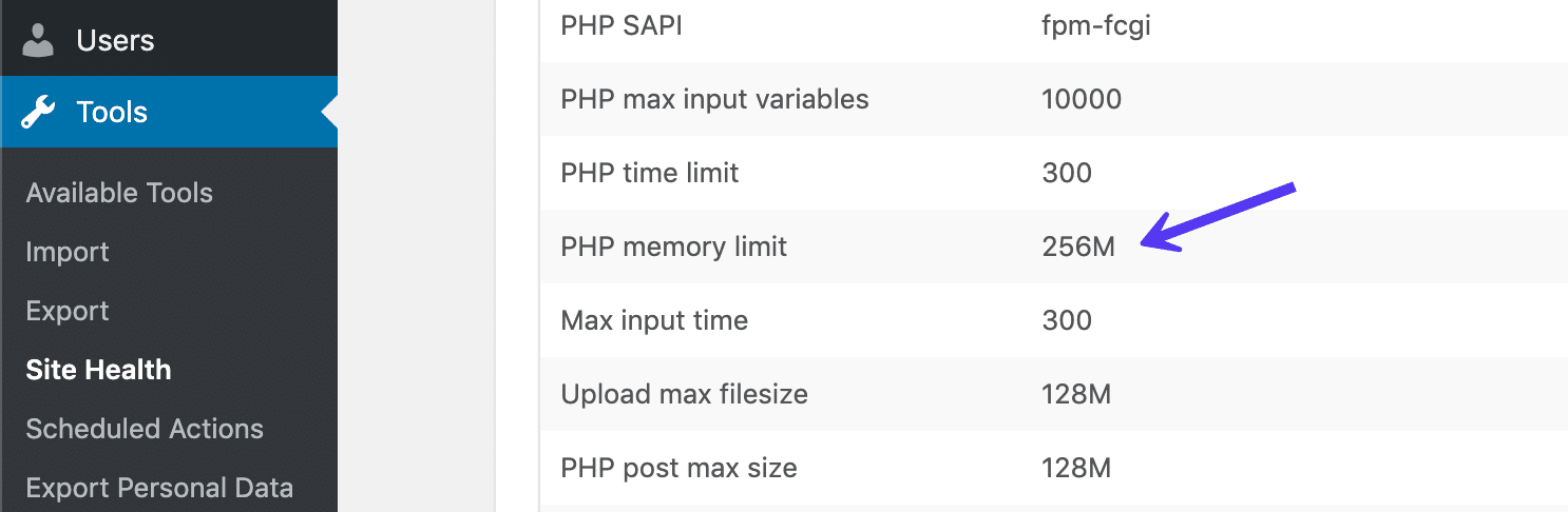 WordPress webbplatshälsa PHP-minnesgräns