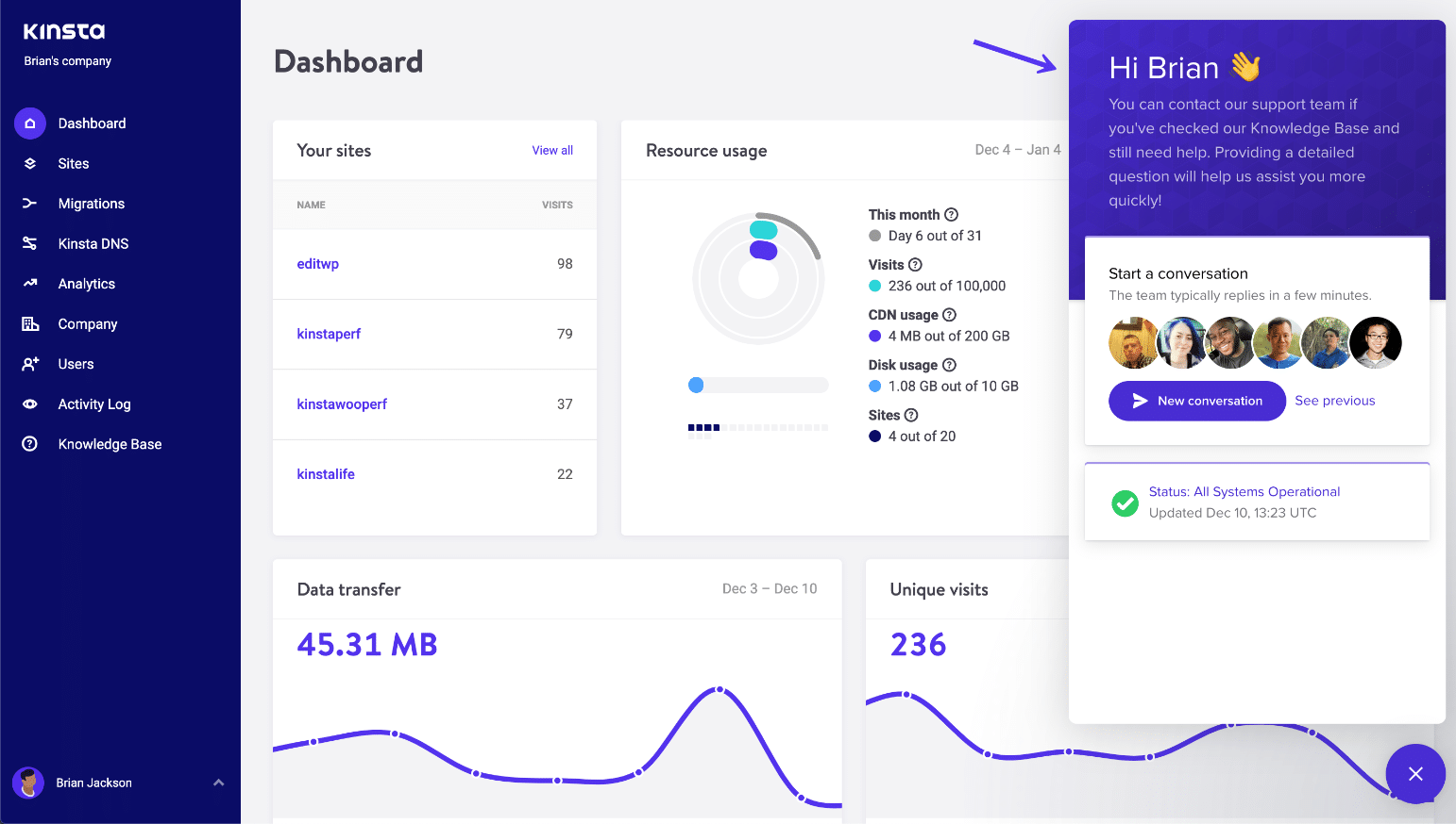 Support i MyKinsta-panelen