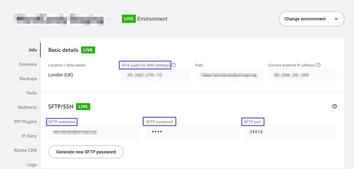 Åtkomst till webbplatsens FTP-uppgifter i MyKinsta