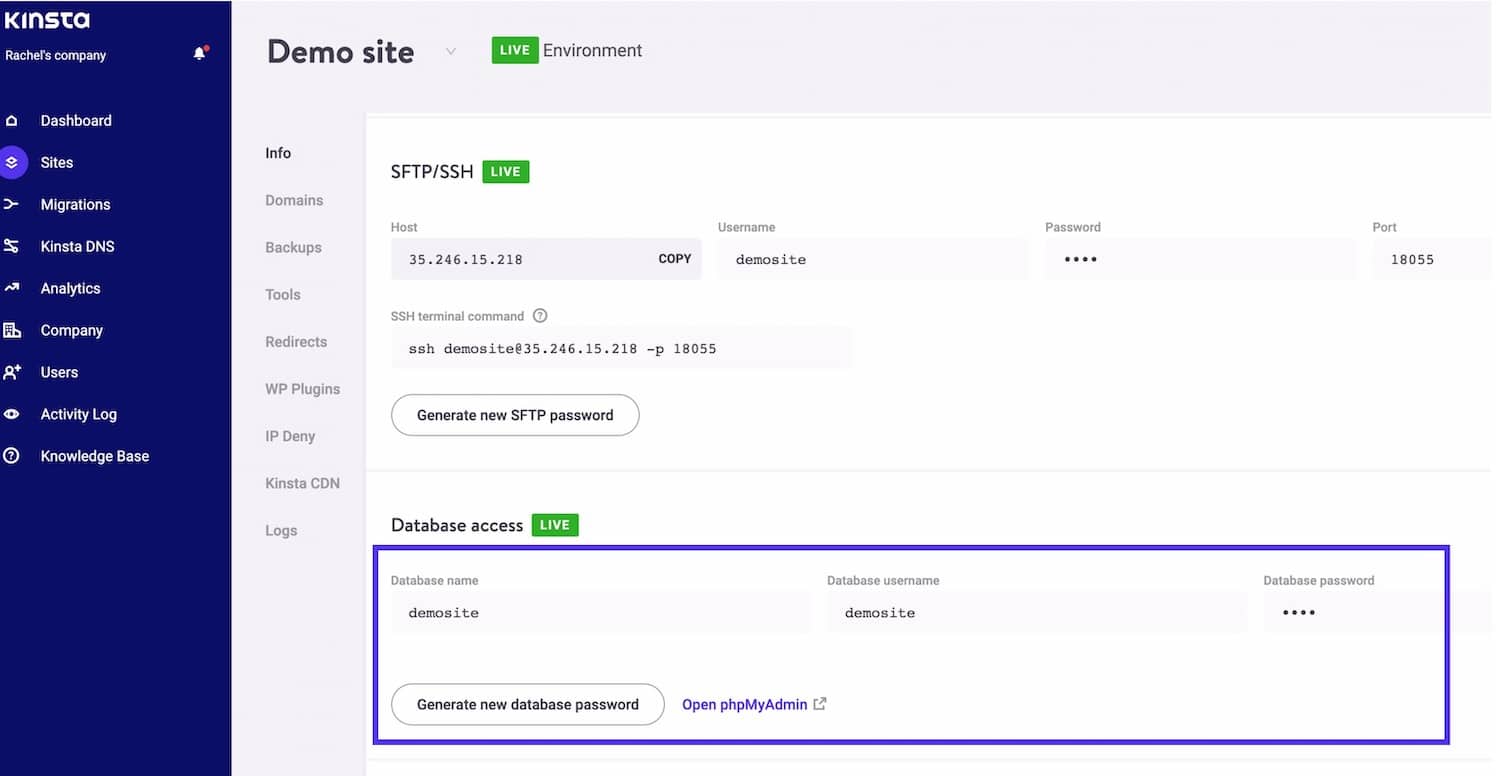 Åtkomst till phpMyAdmin via MyKinsta