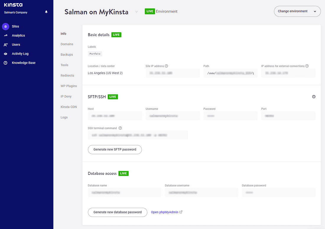 Instrumentpanelen "Webbplatsadministratör" i MyKinsta