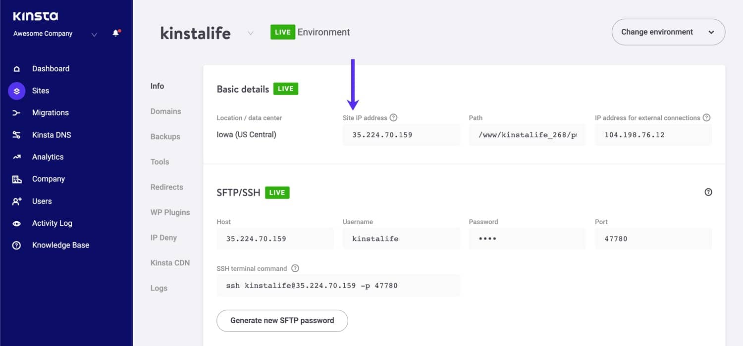 Kinsta IPv4-Adress (A-post)
