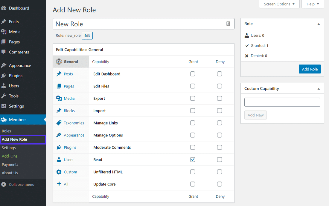 Panelen Lägg till ny roll i Members