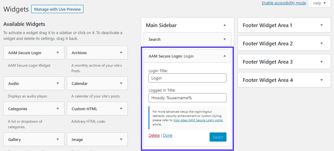  Widgeten "AAM Secure Login" för att lägga till ett inloggningsformulär för klientdel