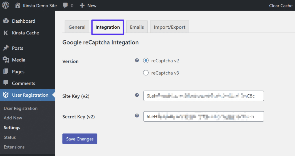 Aktivera reCAPTCHA i pluginet User Registration