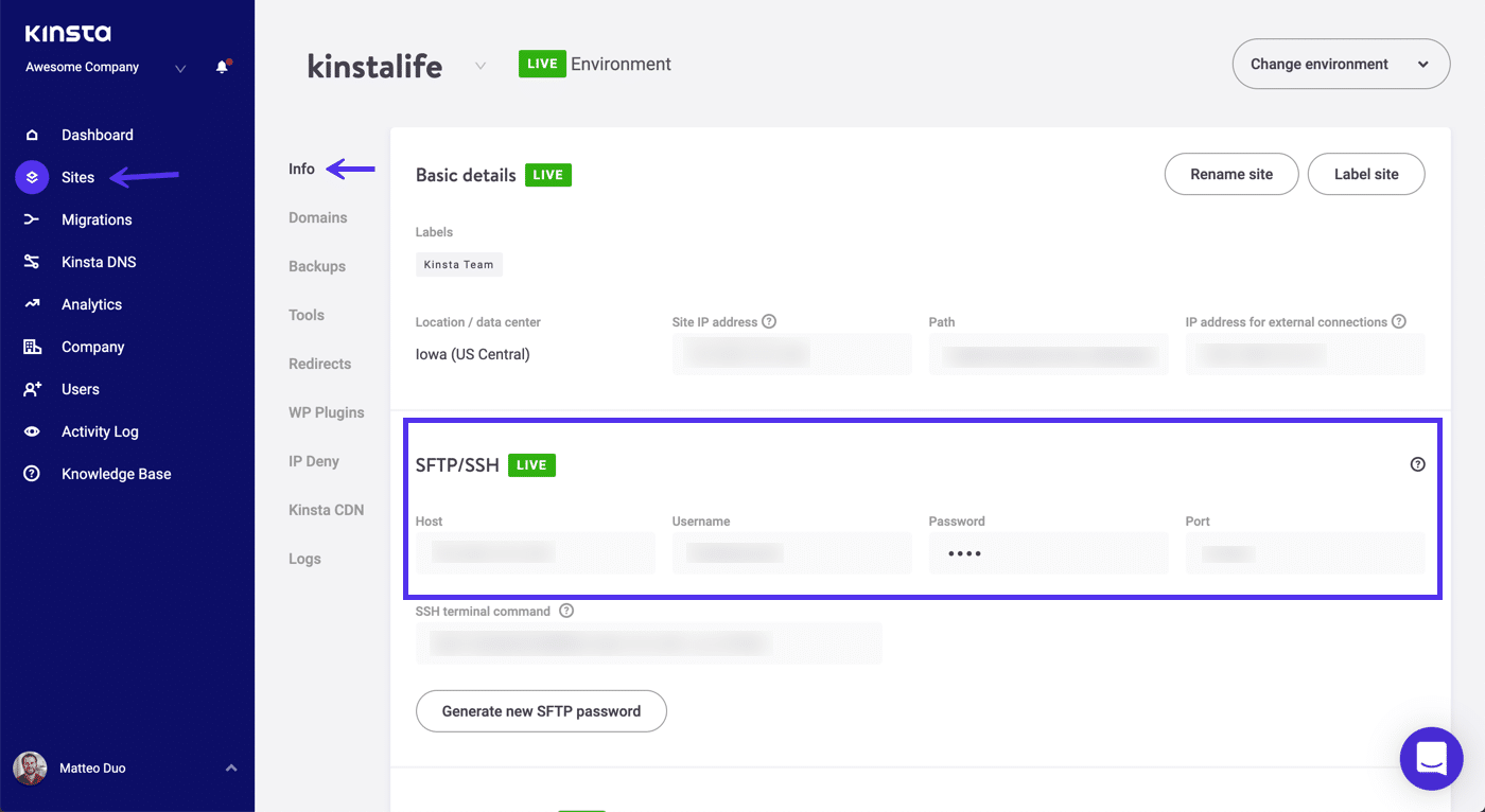 FTP-autentiseringsuppgifter i MyKinsta