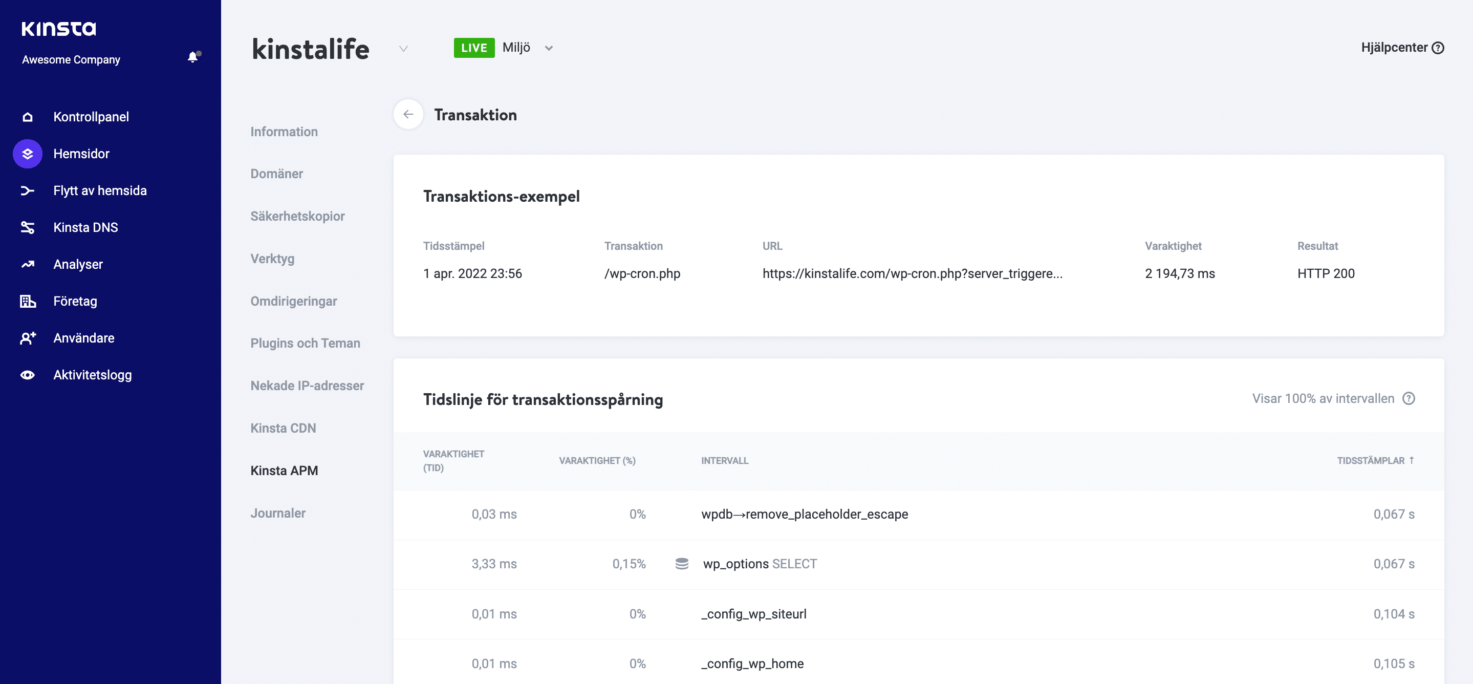Transaktionsexempel med spårningstidslinje i Kinsta APM.
