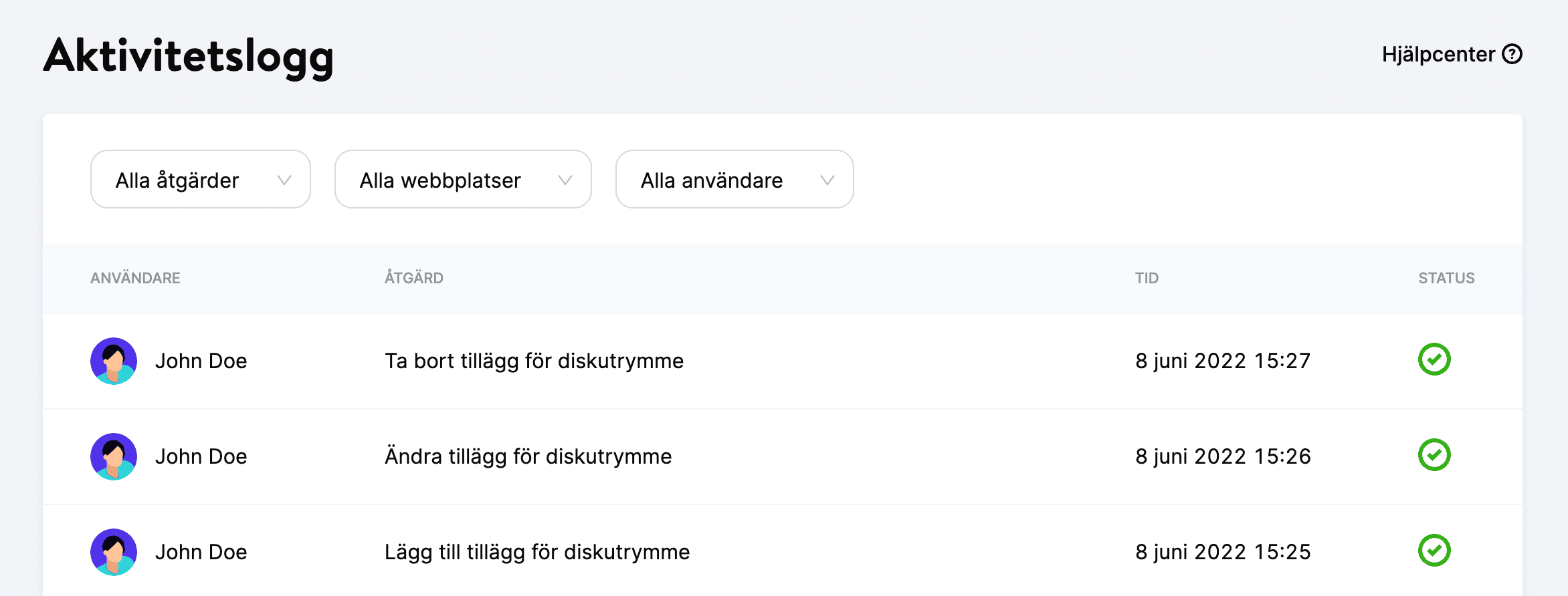 Ändringar av diskutrymmestillägget i aktivitetsloggen