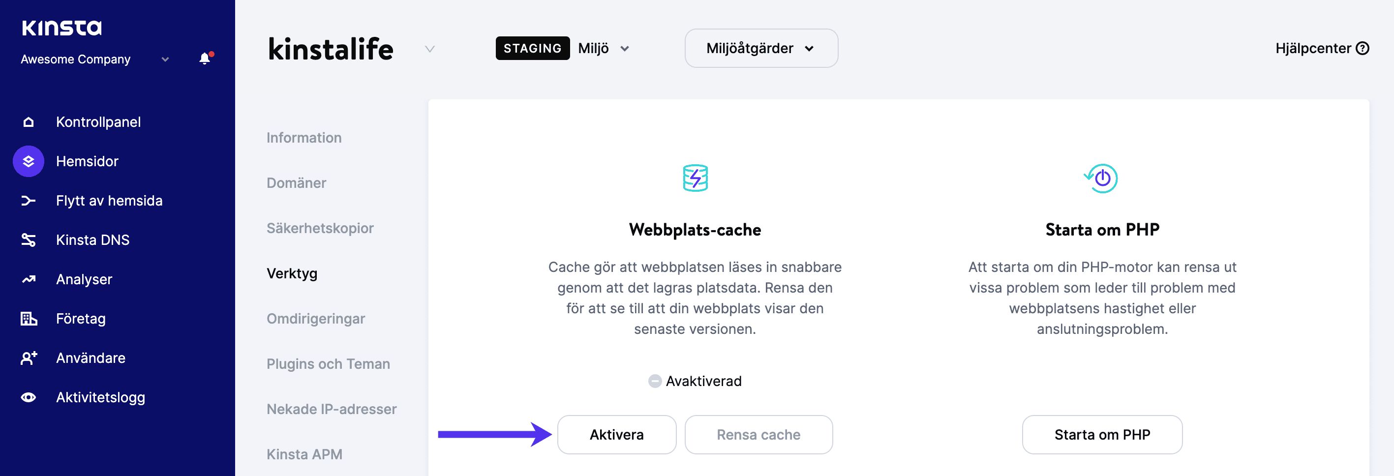 Starta om din iscensättningsmiljö i MyKinsta.