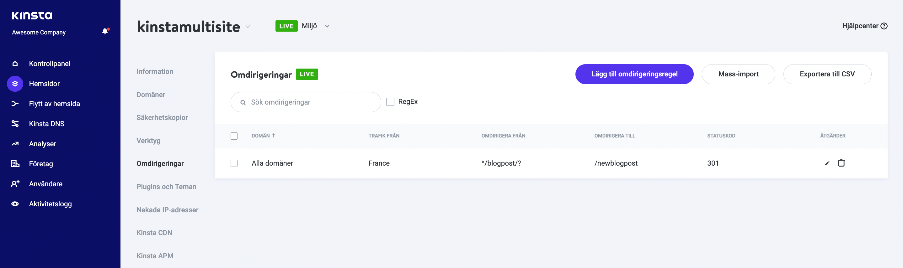 Hantera omdirigeringsregler i MyKinsta.