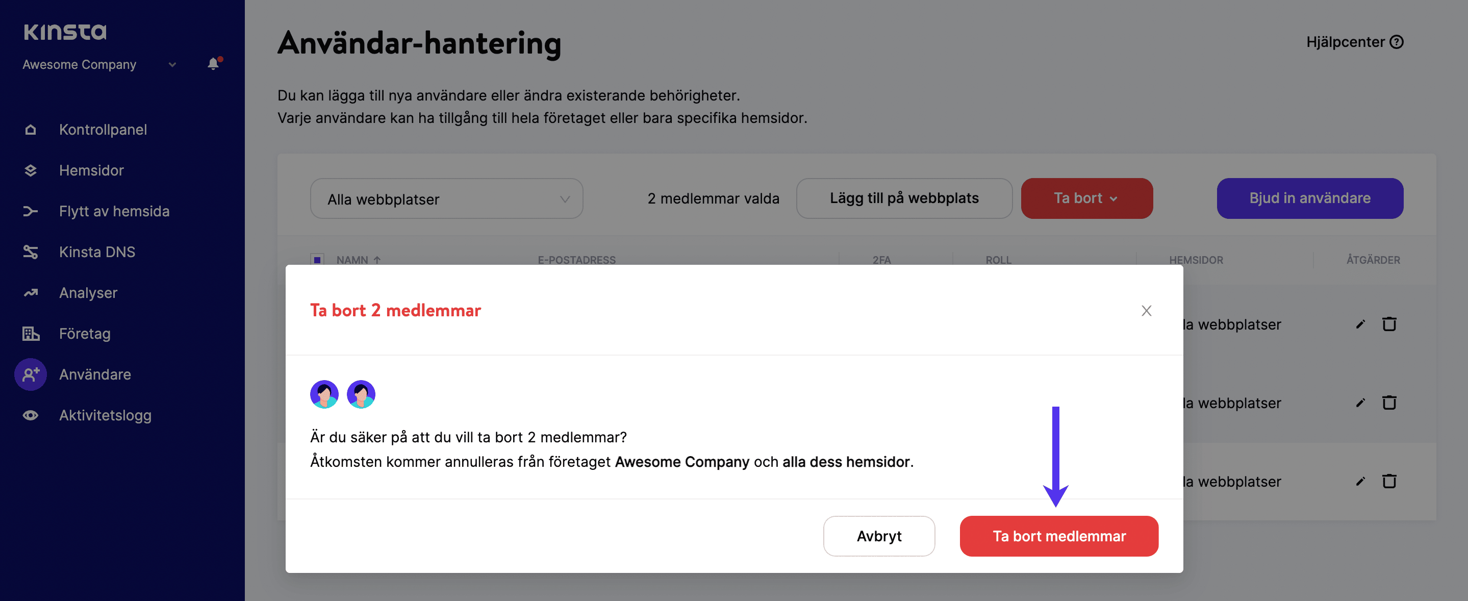 Bekräfta att du tar bort flera användare från ett företag i MyKinsta.