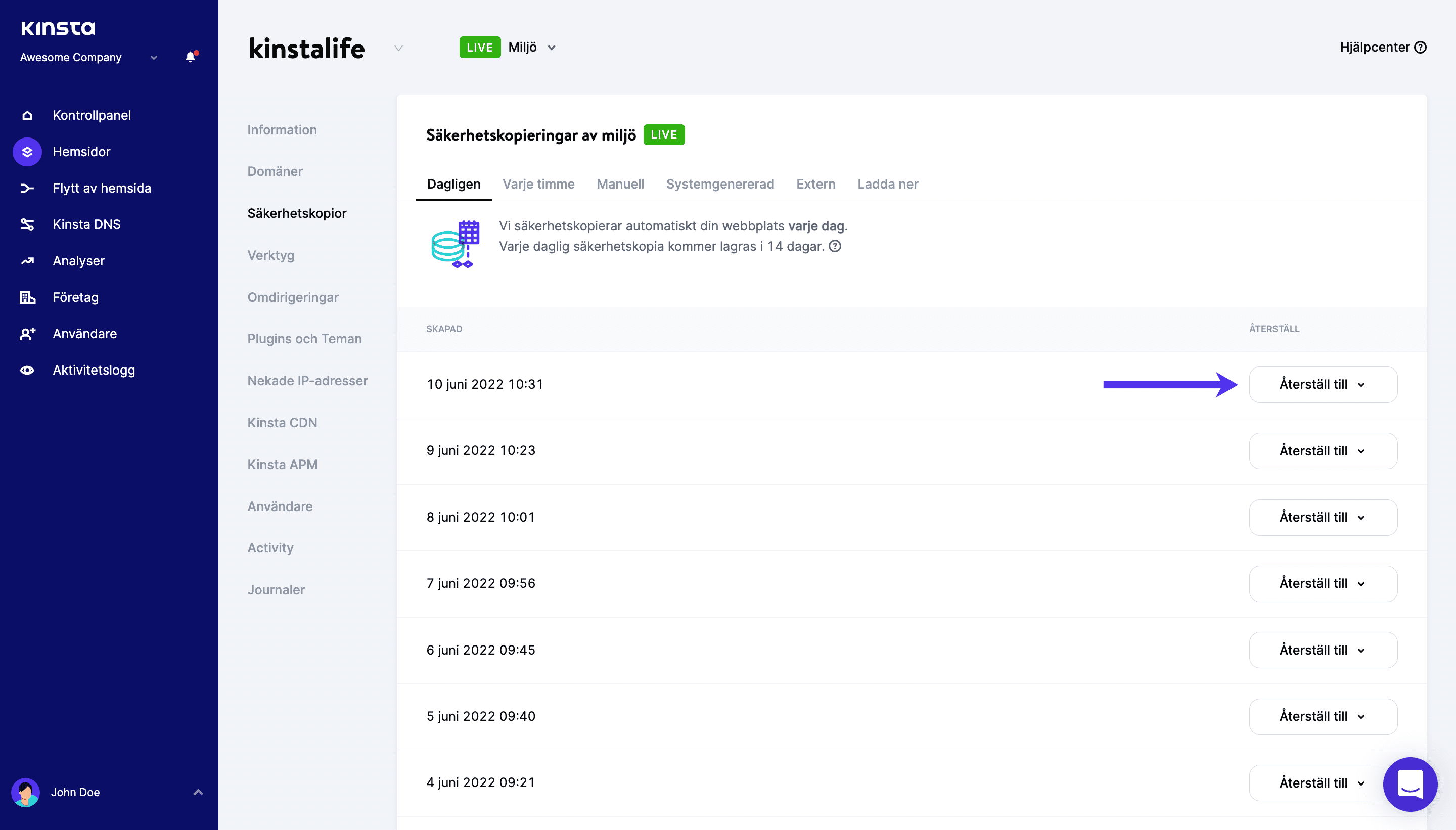 Återställ WordPress-sida från backup
