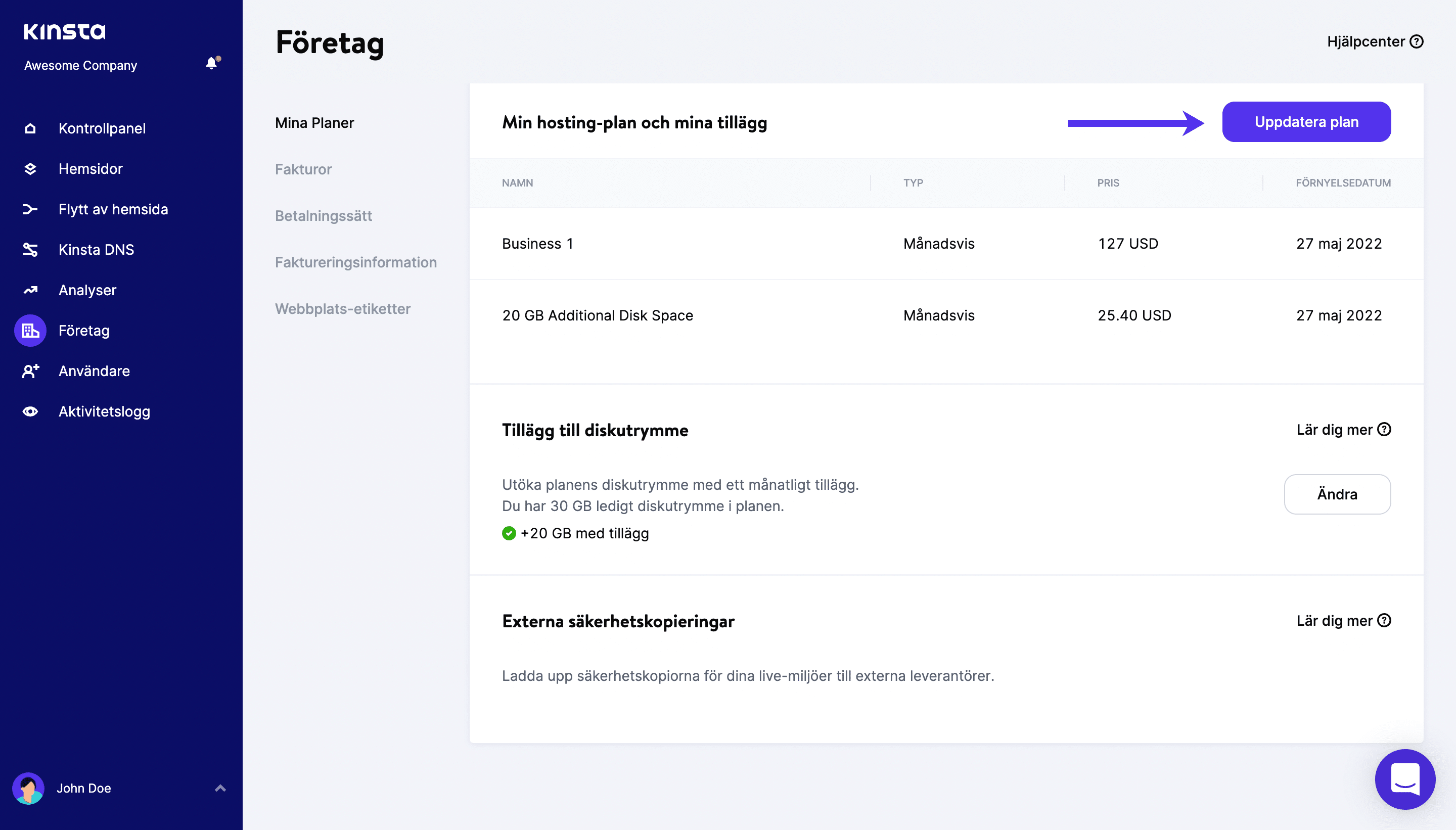 Uppdatera hosting-plan på Kinsta