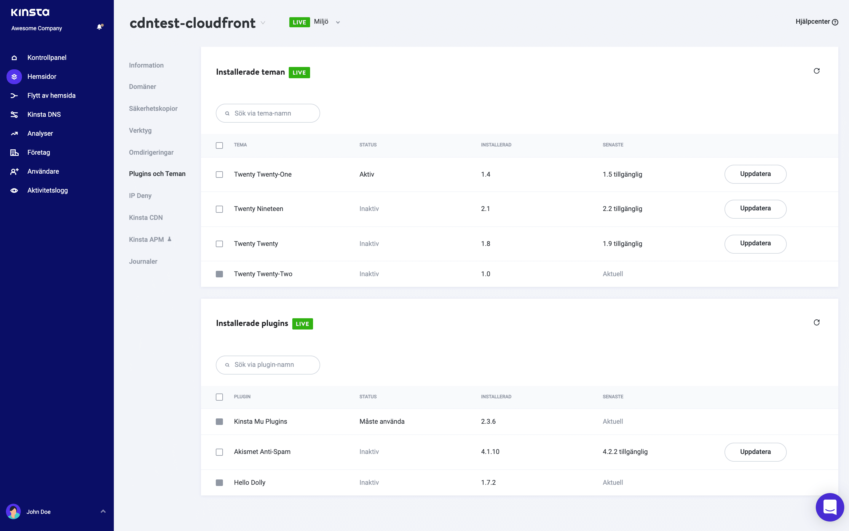 Visa plugins och teman i MyKinsta.