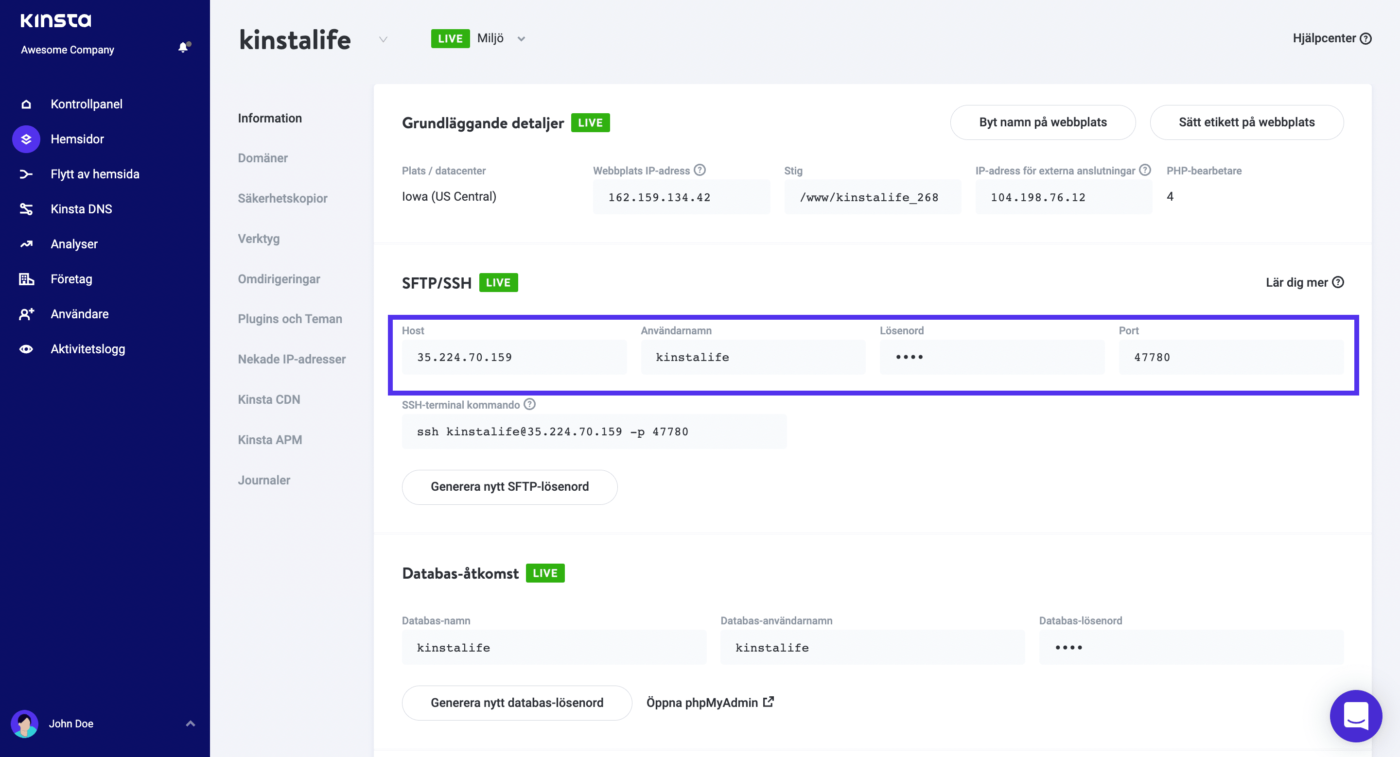 SFTP-detaljer i MyKinsta