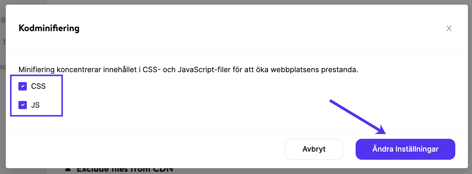 Spara inställningar för kodminifiering för Kinsta CDN.