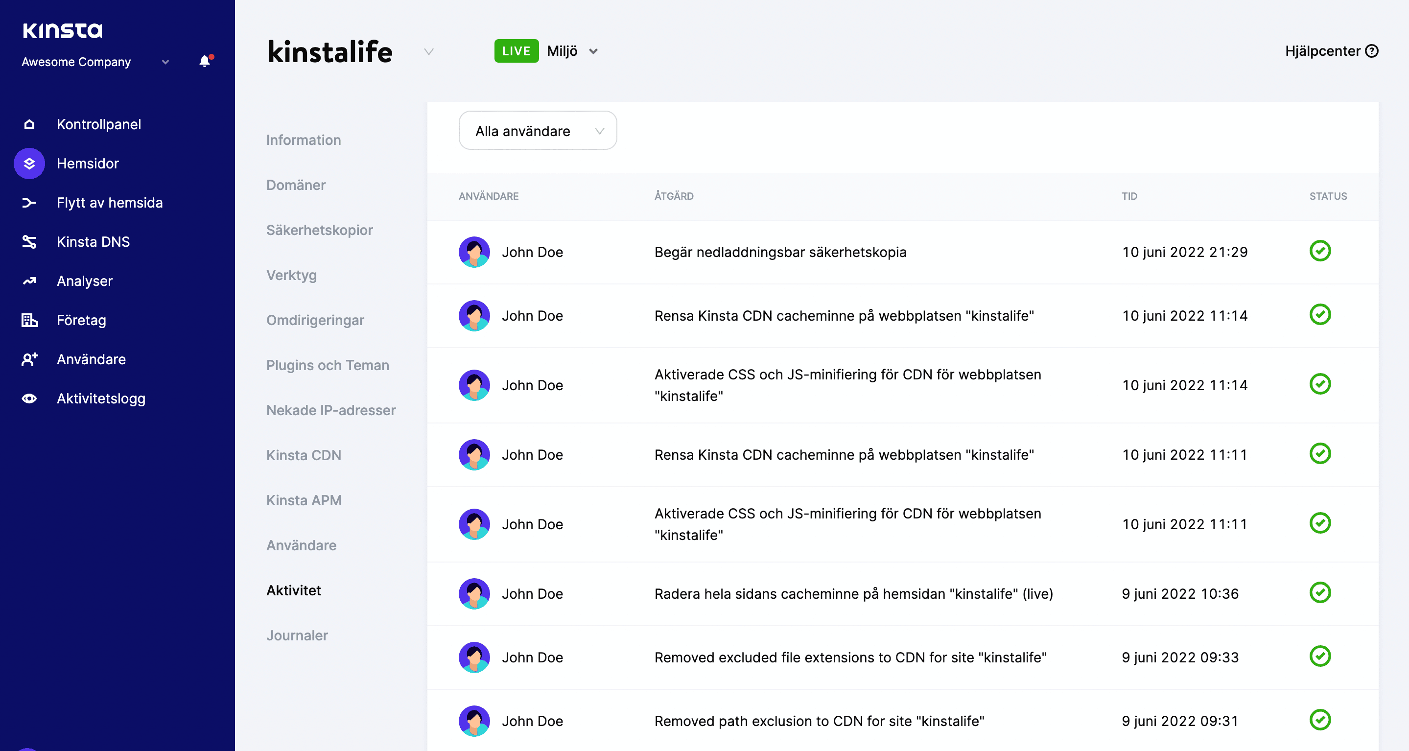 Sidaktivitet Logga in på MyKinsta.