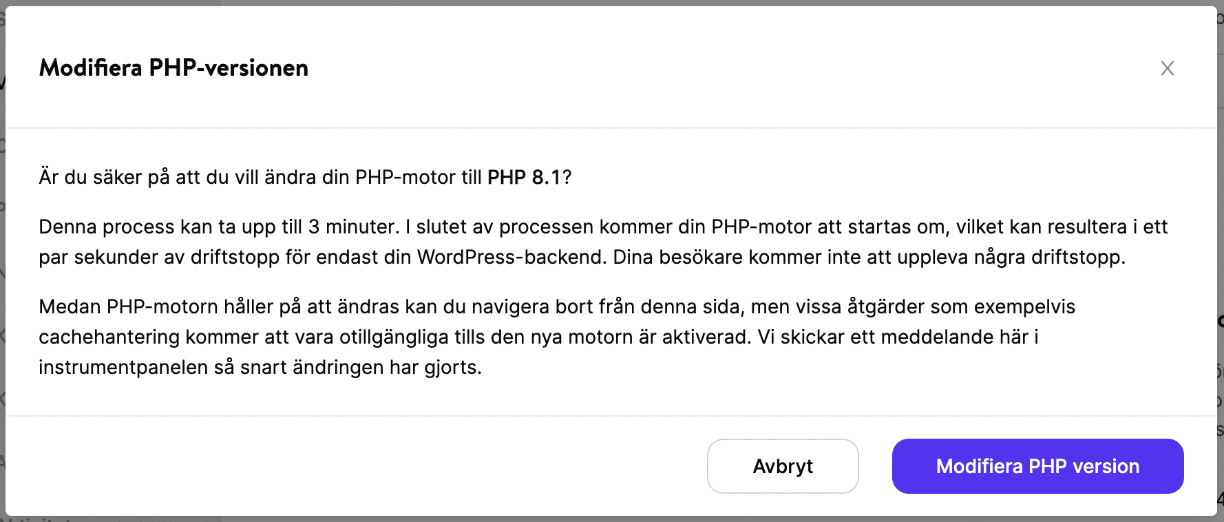 Modifiera PHP-version.