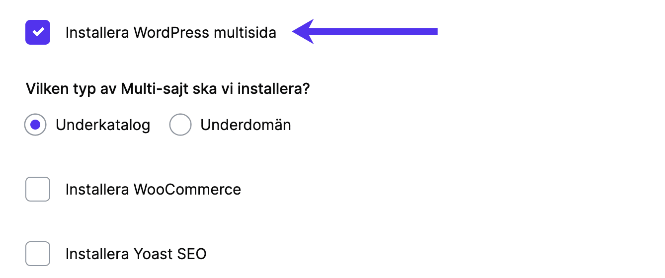 Välj multisida när du lägger till en ny webbplats i MyKinsta.