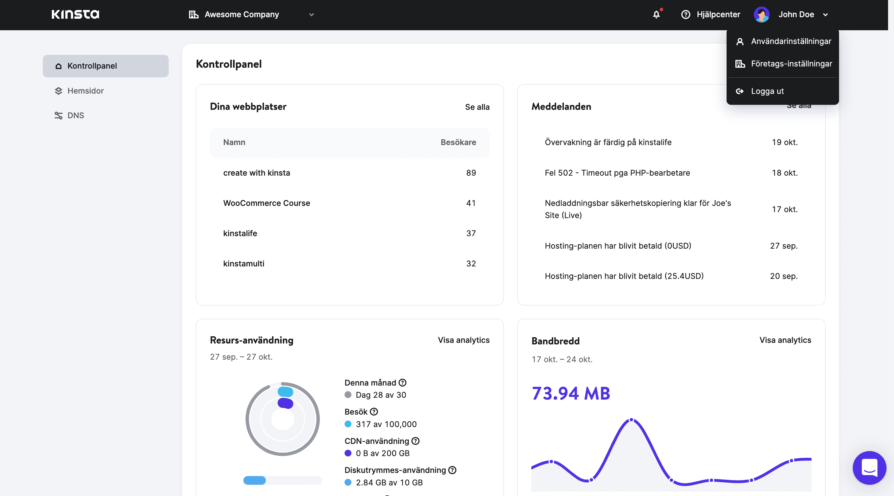 En titt på den nya instrumentpanelen i MyKinsta.