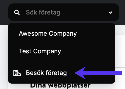 Länk till företagsinställningar från rullgardinslistan för företag.