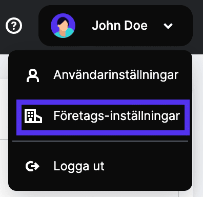 Åtkomst till företagsinställningar från den övre navigationslisten.