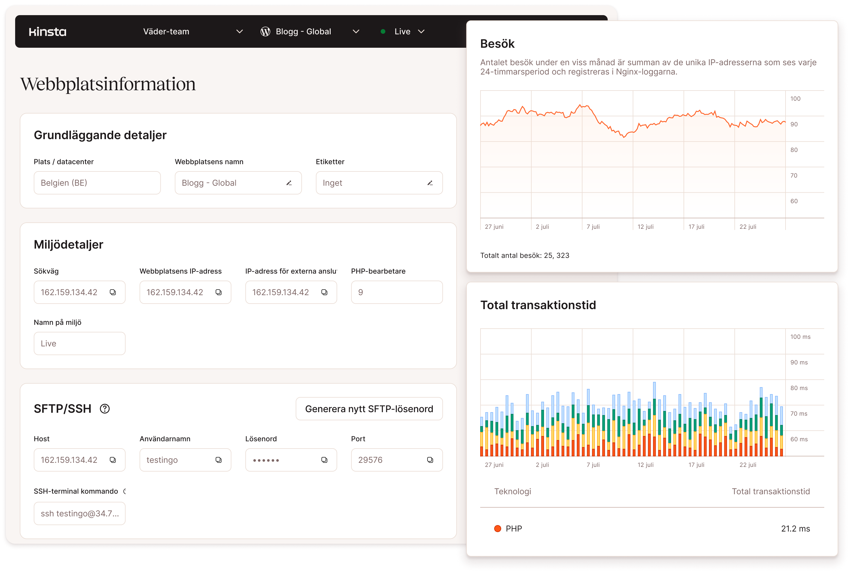 Skärmdumpar som visar MyKinsta WordPress webbplatshanteringsfunktioner