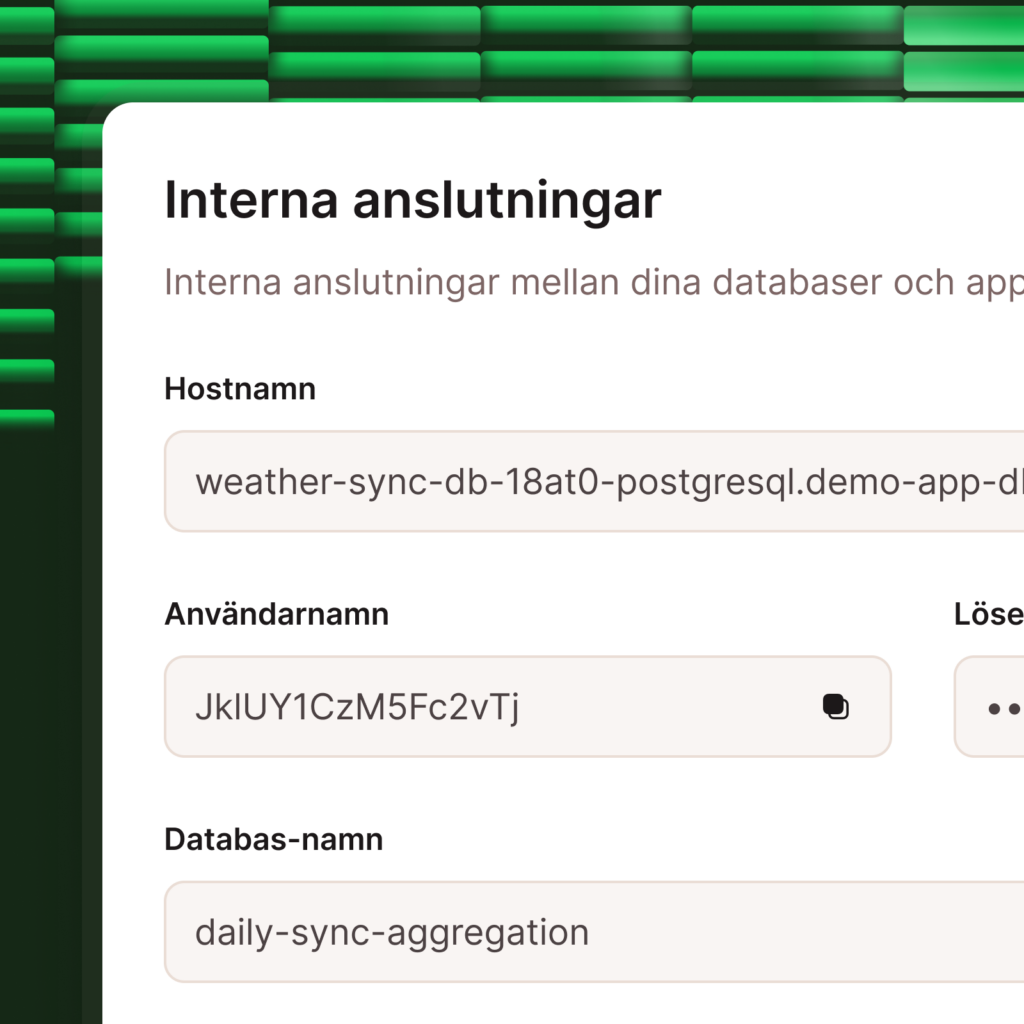 Skärmdump som visar alternativ för databasens interna anslutningar