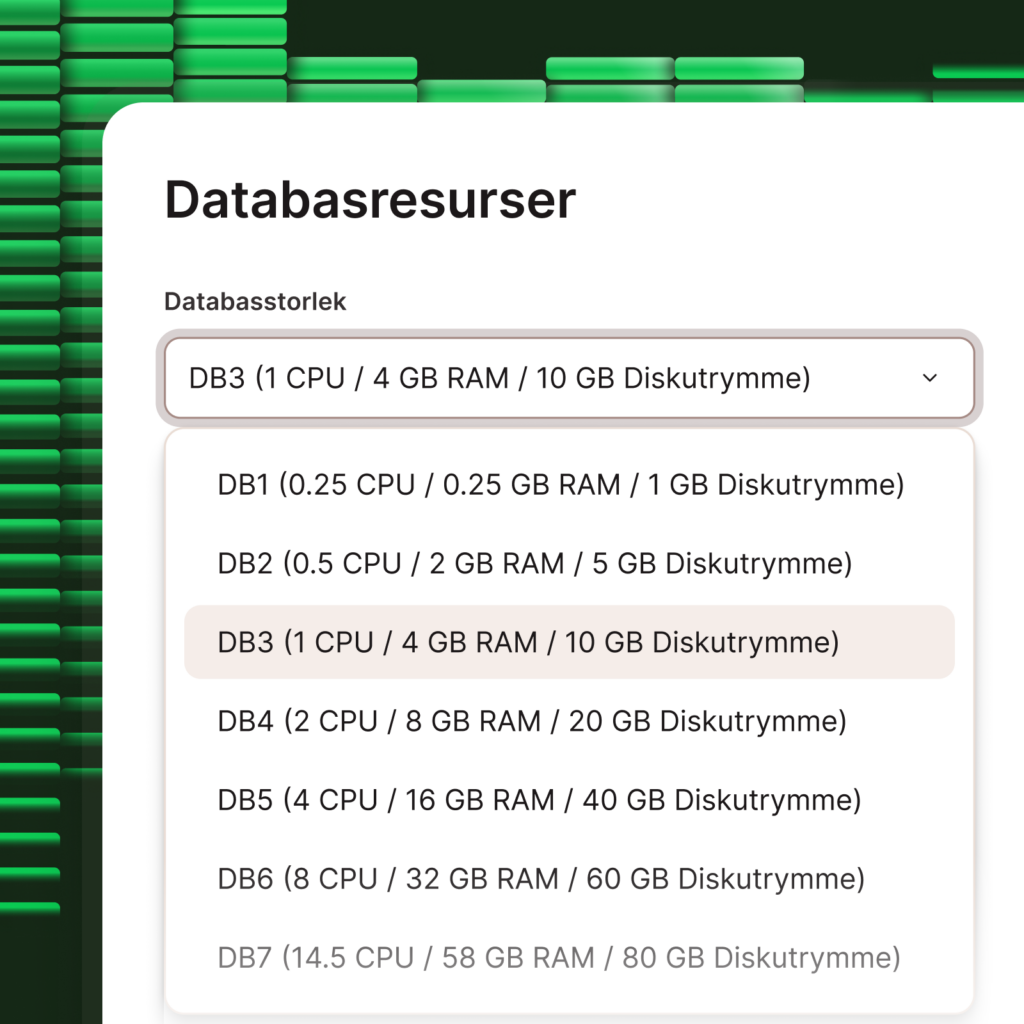Skärmdump som visar väljare för olika resursnivåer i databasen