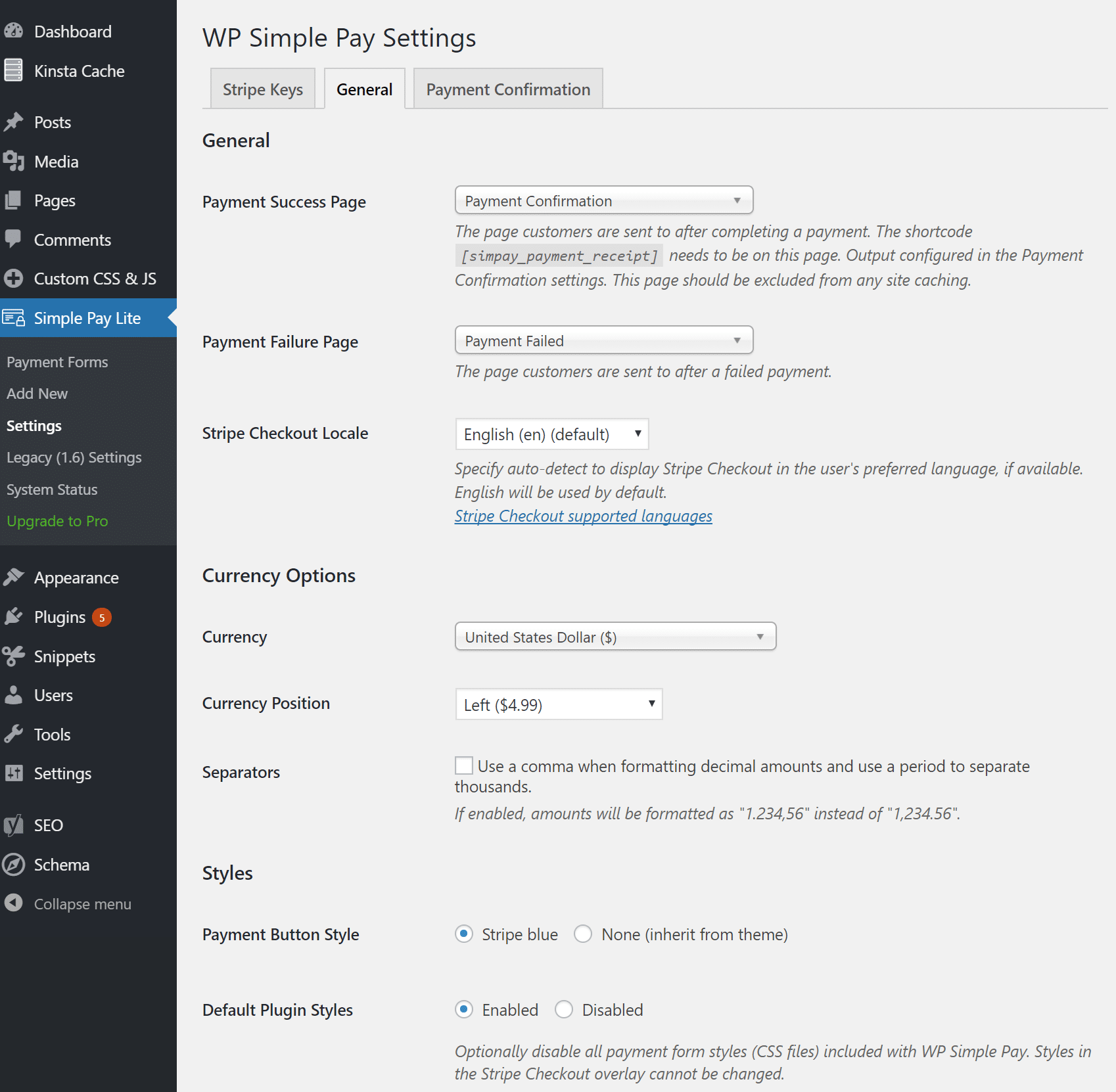 WP Simple Pay settings