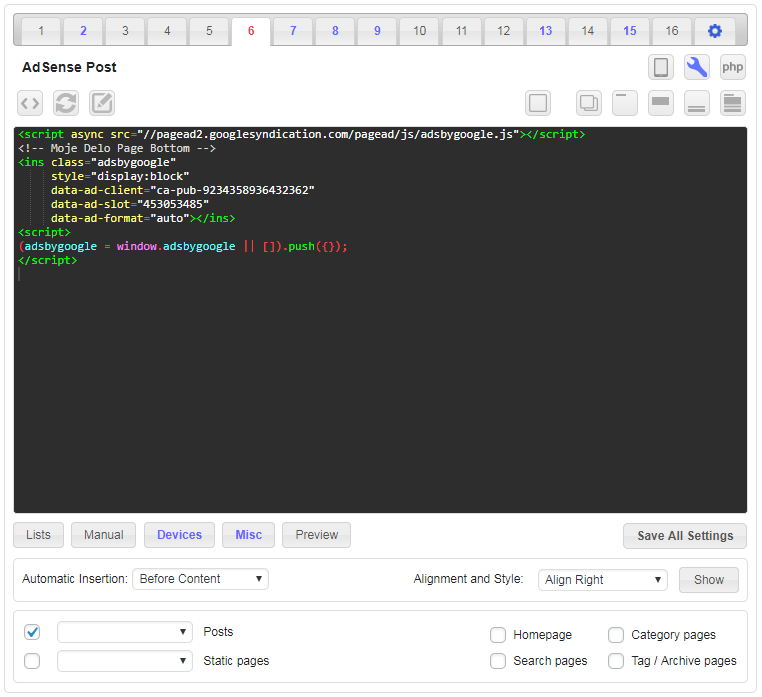 Ad Inserter plugin settings