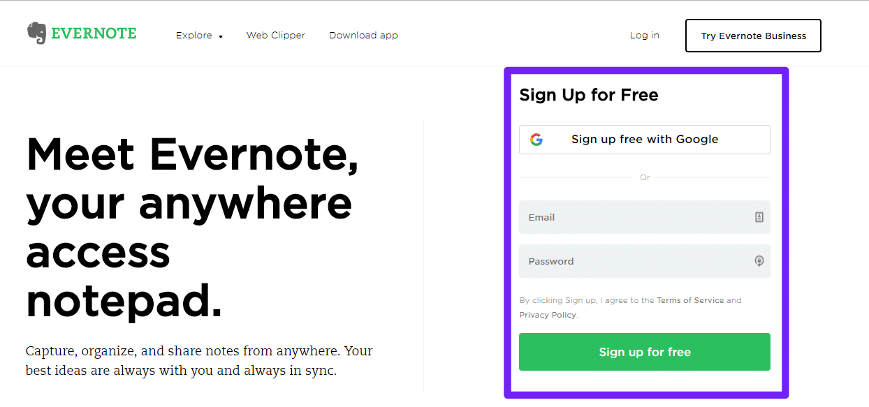 Registrering för Evernote