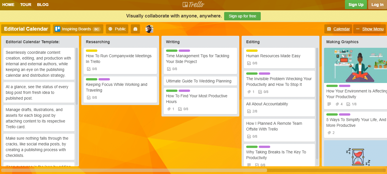 Trello editorial calendar