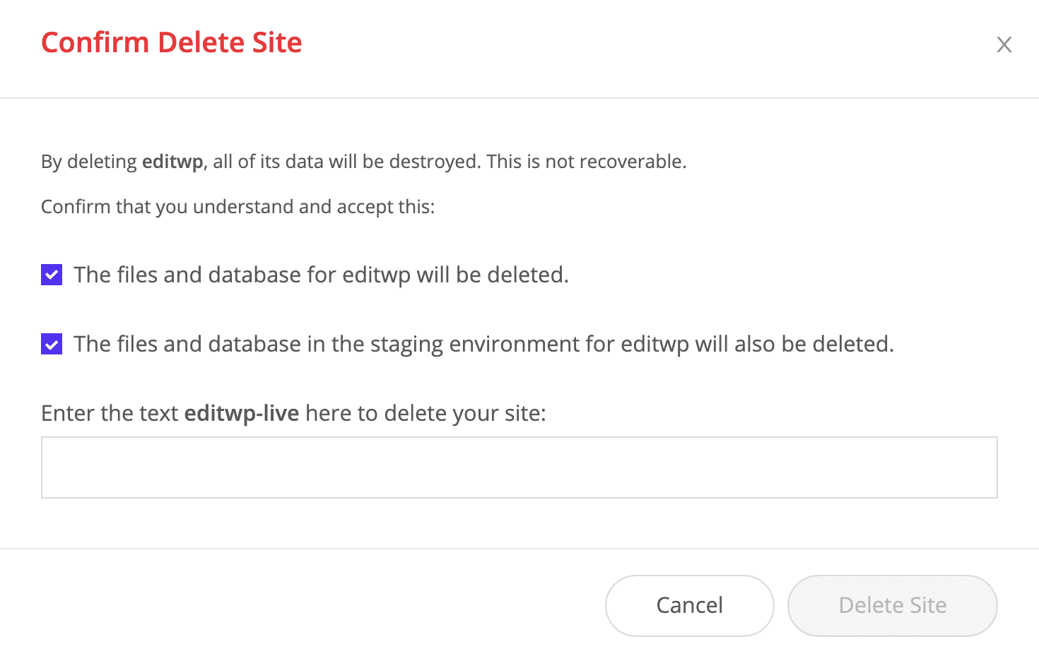 Delete WordPress site confirmation.