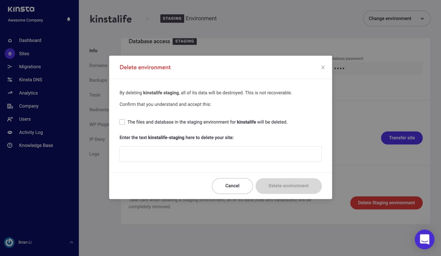 Delete a staging environment in MyKinsta Delete a staging environment in MyKinsta.