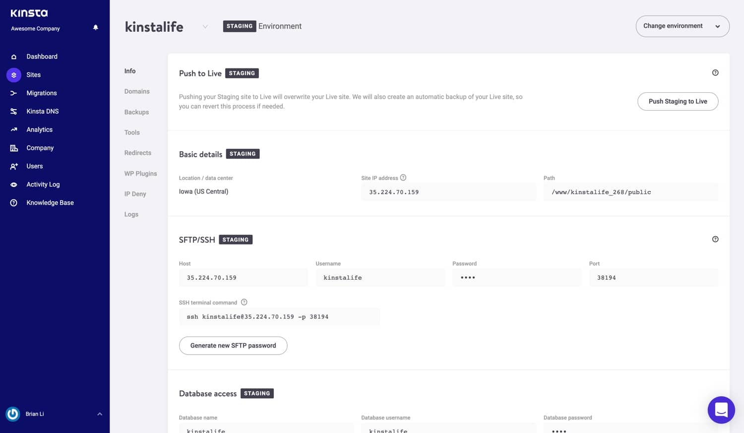 Kinsta staging environment in MyKinsta Kinsta staging environment in MyKinsta.