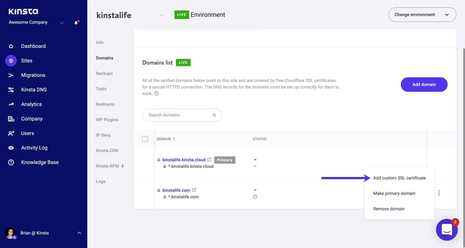 Voeg een aangepast SSL certificaat toe.