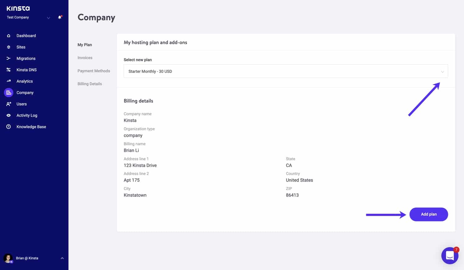 Añade un nuevo plan en MyKinsta.